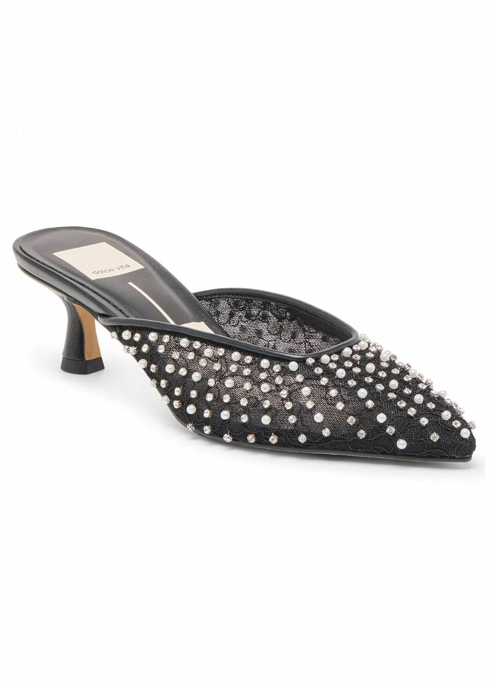 NEW DOLCE VITA women's cleo pearl heels in onyx lace mesh